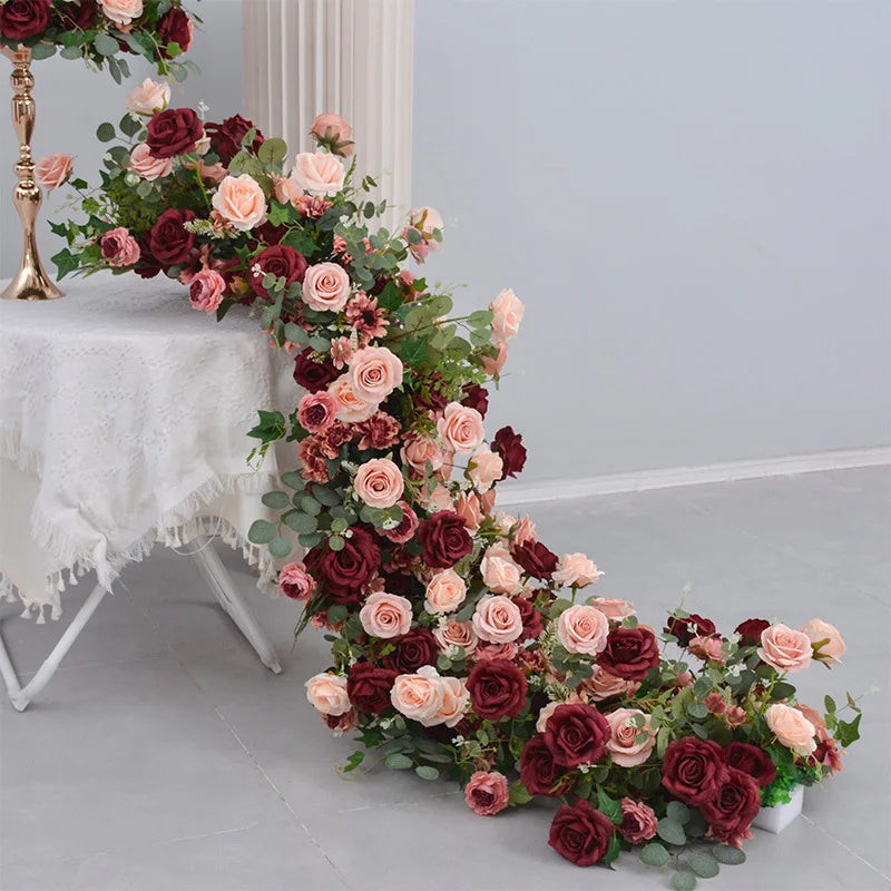 Uflower Red Rose Green Leaf Artificial Flowers Row Arrangement Wedding Table Center Flower ball Event Party Backdrop Decor Props Good Vibrations