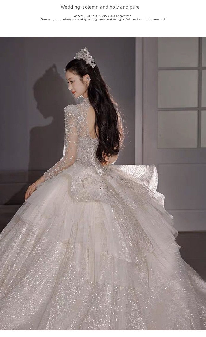 Primary Wedding Dress 2024 Bride New Arrival French Advanced Texture Pregnant Women Heavy Industry Vintage Court Style Trailing Long Sleeves Good Vibrations