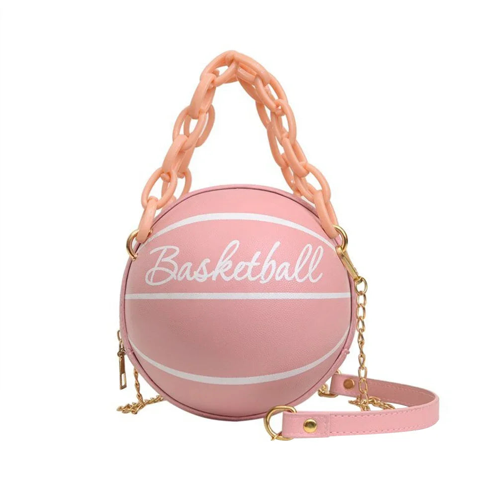 Personality INS Fashion Women Ball Bag Soft PU Leather Round Crossbody Thick Chain Hand Bags And Purses Female Basketball Bag Good Vibrations