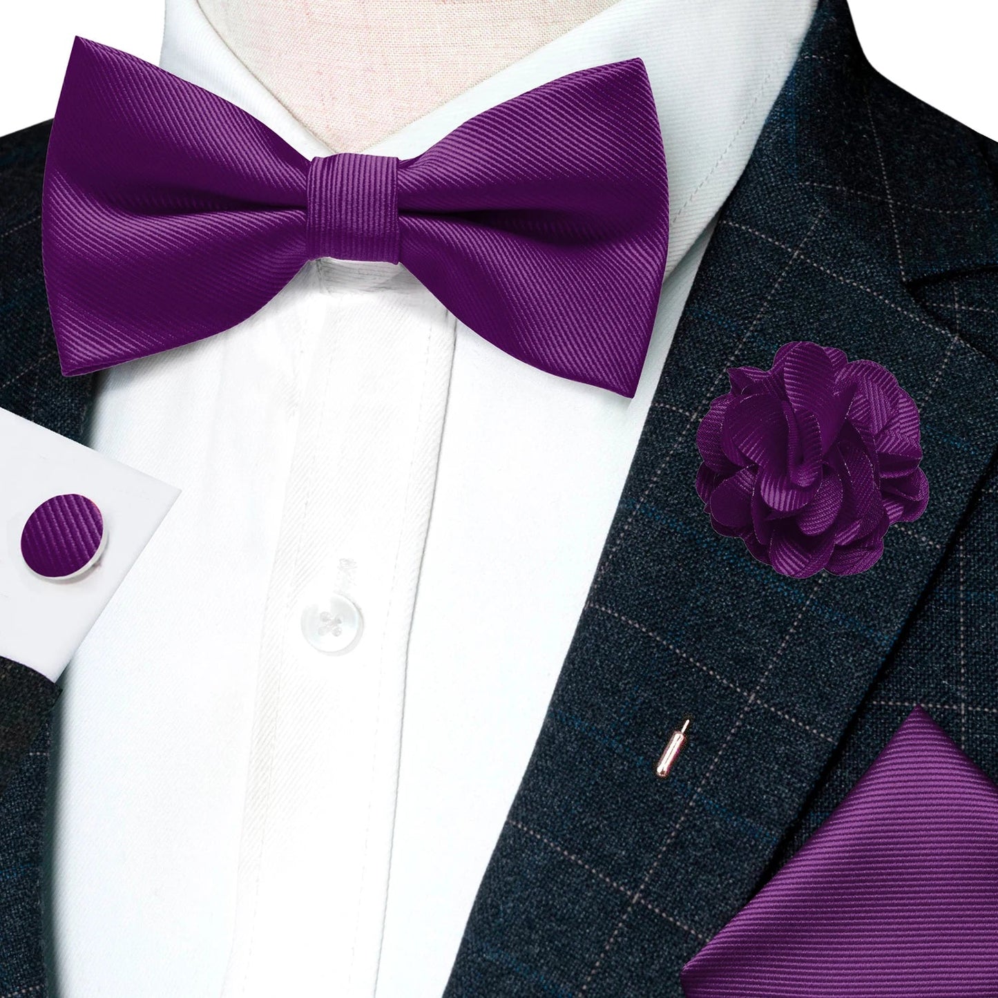 Wedding Bow Tie for Men Solid Pink Pre-tied Bowtie Pocket Square Cufflinks Corsage Set Party Business Silk Butterfly Knot Gift Good Vibrations