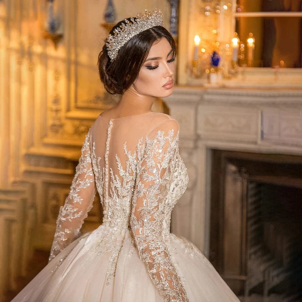 Gorgeous Wedding Dresses Bridal Gowns Lace Appliques Full Sleeves Robe A Line Glamorous Princess Vestidos De Novia Customized