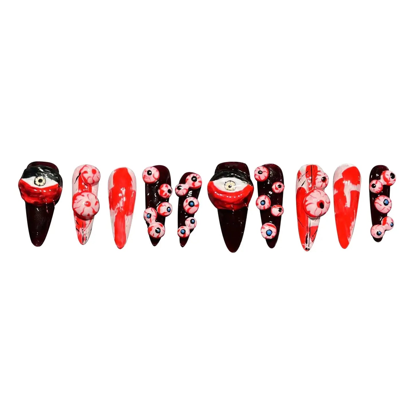 Handmade Press on Nails Punk Dark Style Halloween False Nails Black and Red Scary Eyeball Design Long Almond False Nails Good Vibrations