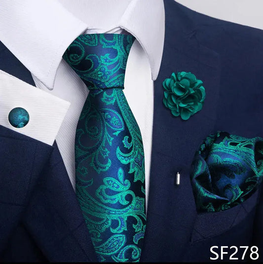 Luxury Mens Ties Floral Black Gold Ties Paisley NeckTie Pocket Square Cufflinks Brooch Set Men's Wedding Party Tie Good Vibrations