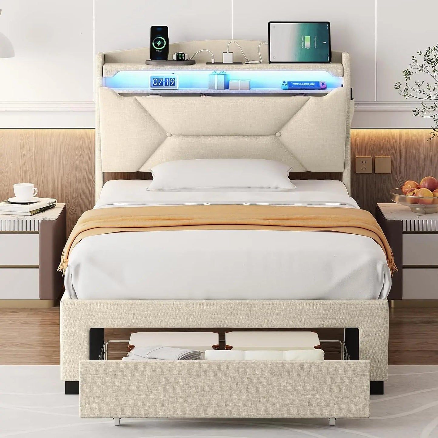 Frames with Storage Headboard, Upholstered Twin Size Bed Frame with Drawers, Charging Station and LED Good Vibrations
