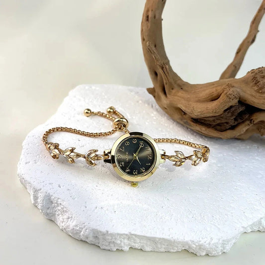 Round alloy case Arabic numeral classic dial leaf-shaped diamond-encrusted fashionable bracelet elegant ladies quartz watch Good Vibrations Adult Super Store