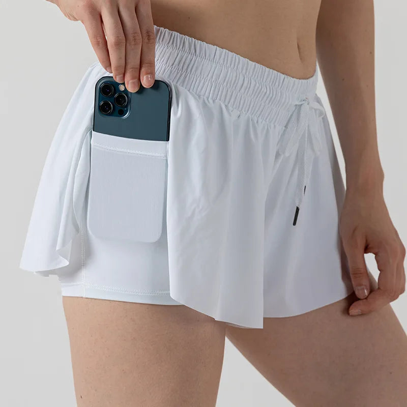 2 in 1 Flowy Sports Shorts Women Running Short Butterfly Tennis Skirt with Pockets Gym Yoga Athletic Biker Spandex Skirts Summer Good Vibrations