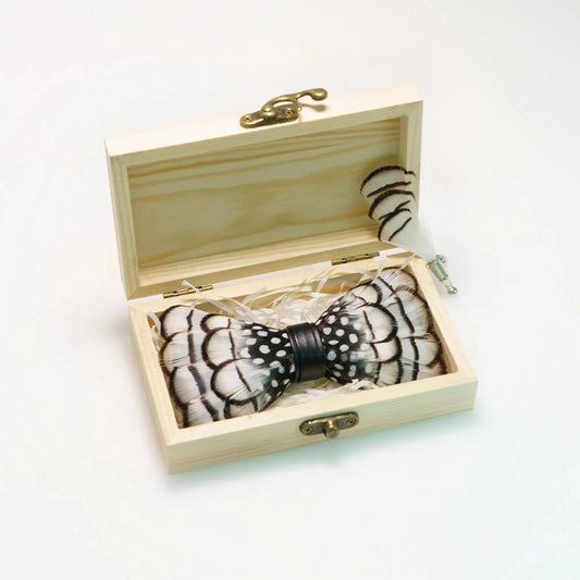Wedding Bow Tie for Men handmade feather bow tie black white Pre-tied bowtie brooch wooden box Set for Party birthday Gift Good Vibrations