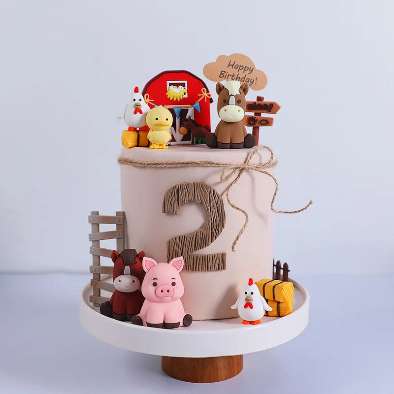 Farm Series Cake Topper Lambs Ponies Piglets Chickens Ducks Haystacks for Children's One Year Old Birthday Party Cake Decoration Good Vibrations