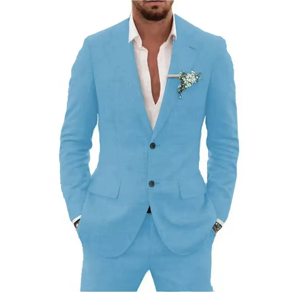 Summer Casual Linen Suit for Men 2 Pieces Blazer Pant Set Notched Lapel Formal Slim Fit Wedding Suit Prom Suits Groom Tuxedo Good Vibrations