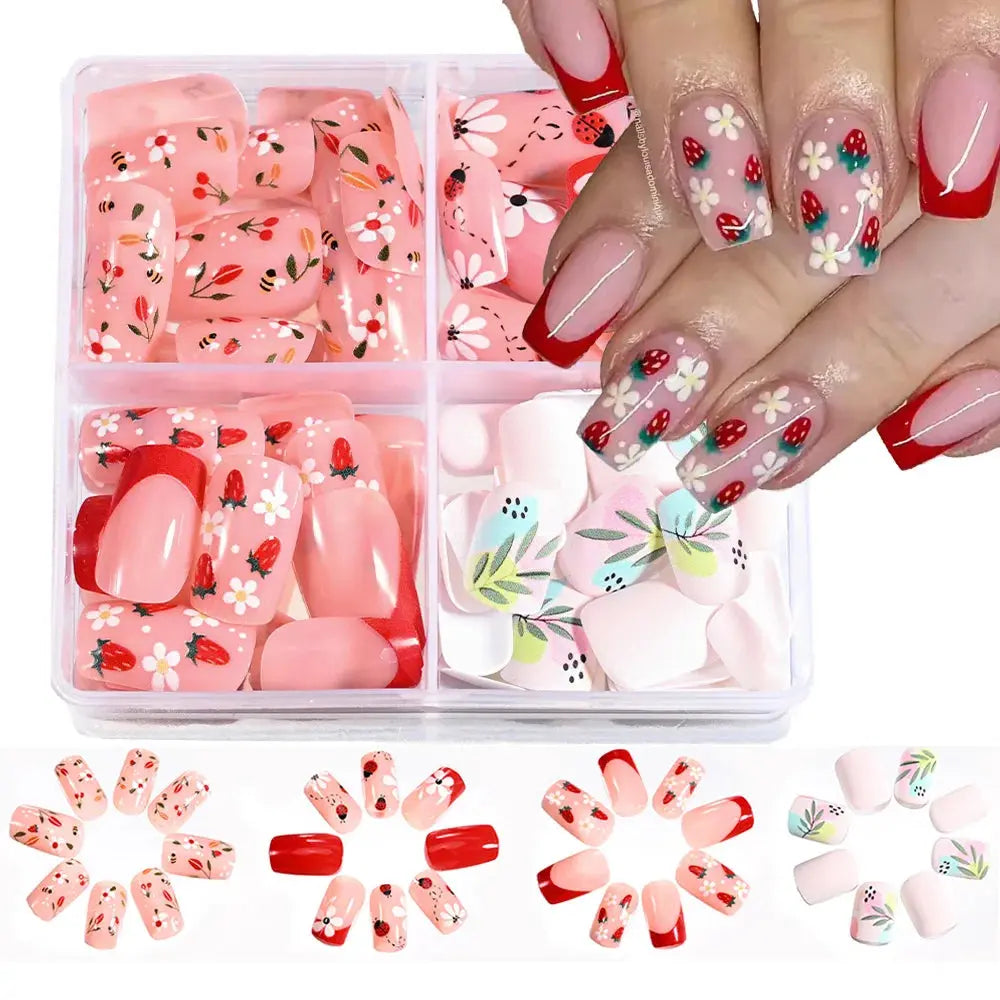 96Pcs Halloween Press on Nails Almond & Coffin Blood Red Nails with Skeleton Fake Nails Design Full Cover Artificial False Nails Good Vibrations