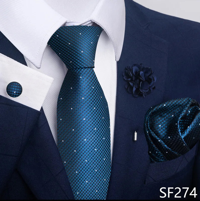 Luxury Mens Ties Floral Black Gold Ties Paisley NeckTie Pocket Square Cufflinks Brooch Set Men's Wedding Party Tie Good Vibrations