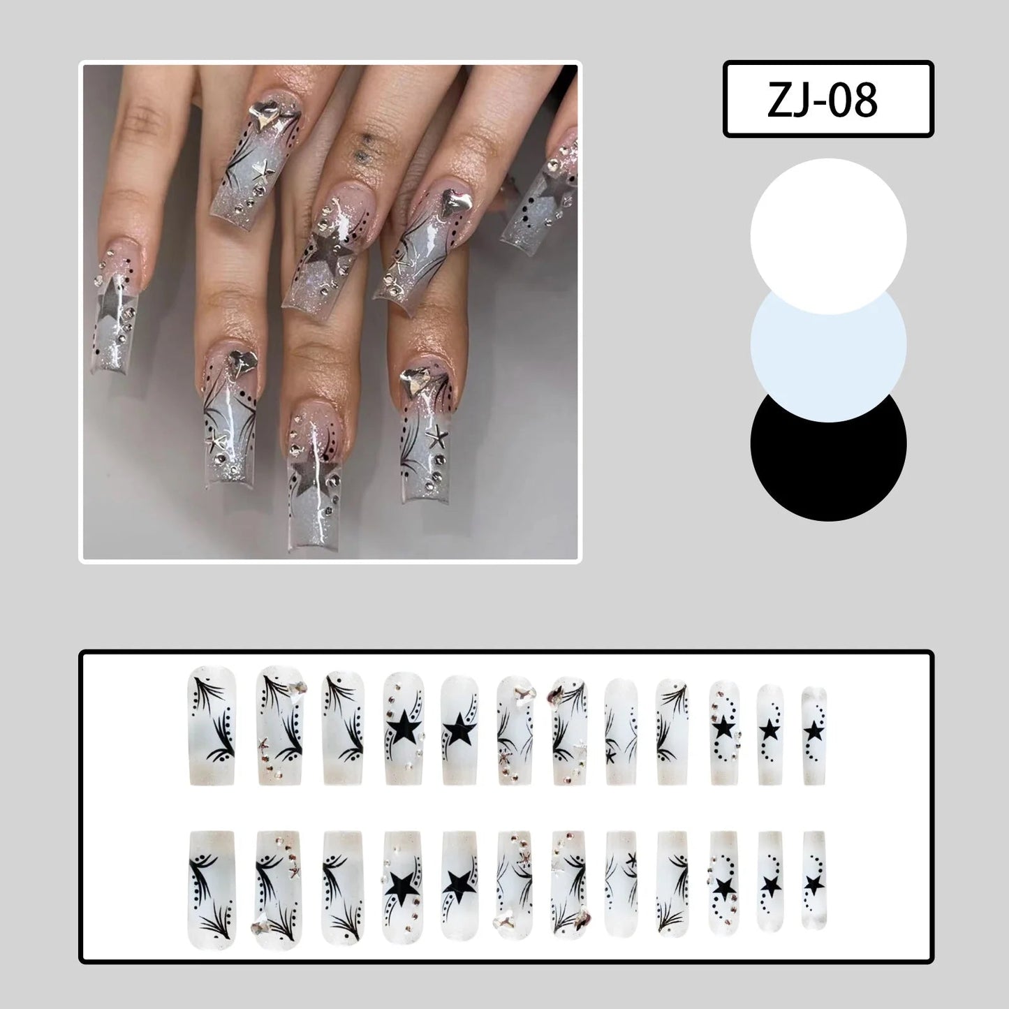 24pcs y2k Fake Nails Black White Star Printed Press on Nail Tips Long Coffin European Artificial Nail Patch for Girl Women Good Vibrations