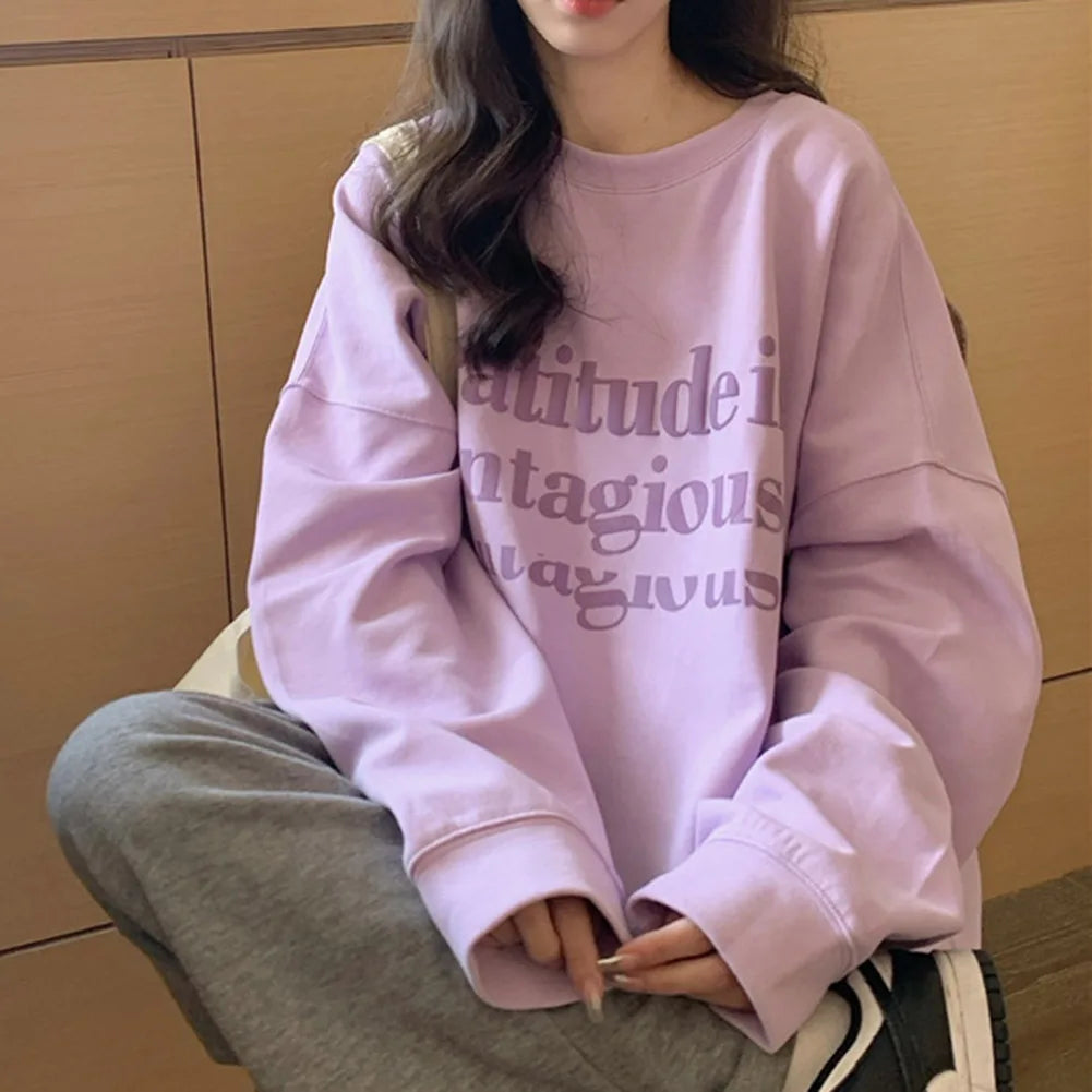 Women/Ladies/Girls Autumn Plus Velvet Letter Print Loose Long Sleeve Sweatshirt Fashion Pullover Casual Good Vibrations