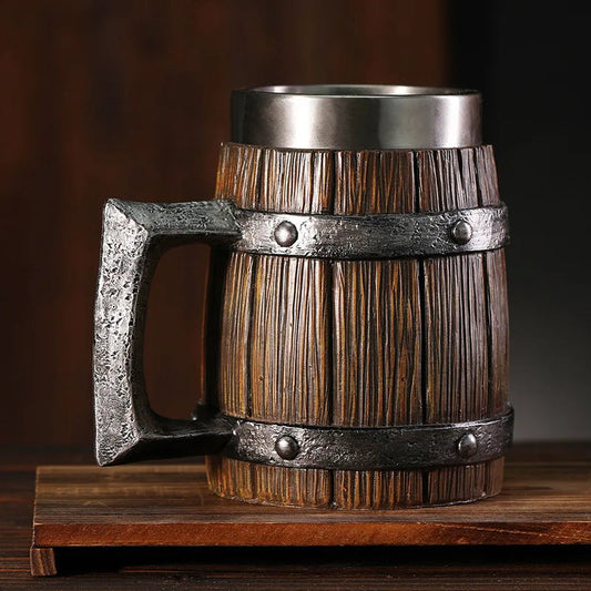 Hot-selling Wooden Barrel Beer mug , Large-capacity Coffee mug Water bottle ,Tazas de café with stainless steel Good Vibrations
