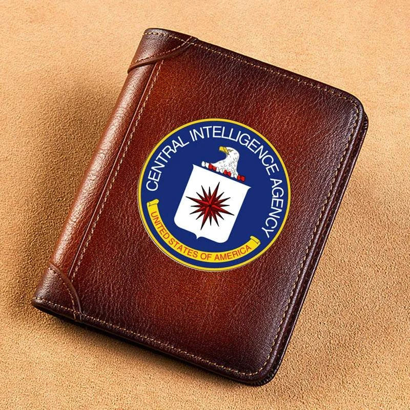 High Quality Genuine Leather Men USA FBI Department Of Justice Printing Cover Short Card Holder Purse Luxury Brand Male Wallet Good Vibrations