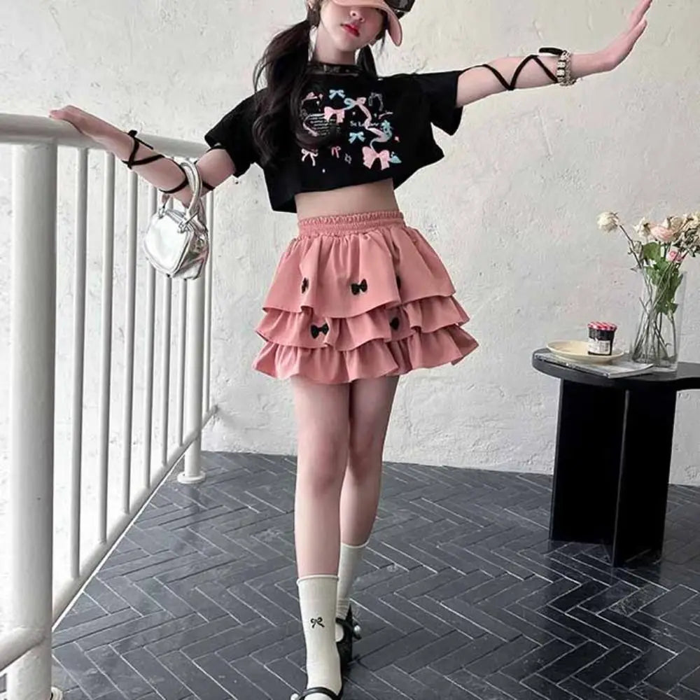 Outfits Y2K Bow Children Cake Skirt Set Pleated Teenagers T-shirt Skirt Suit Sweet Slim Fit Girls Clothes Set Summer Good Vibrations