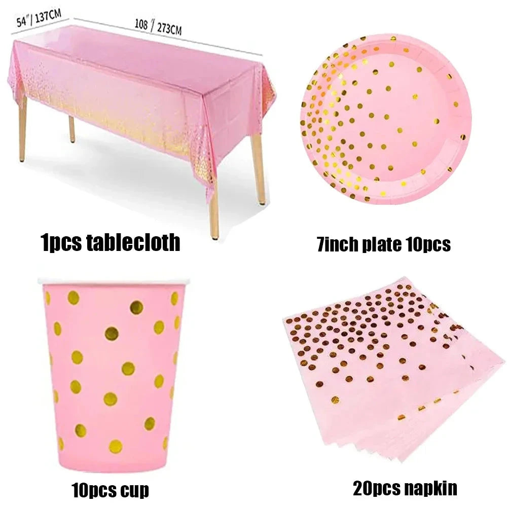 Pink Party Decoation Gold Supplies Paper Tablecloth Disposable Dinnerware Plate Napkin Cup for Christmas Birthday Party Wedding Good Vibrations