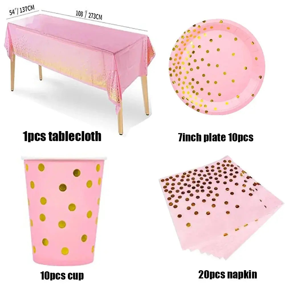 Pink Party Decoation Gold Supplies Paper Tablecloth Disposable Dinnerware Plate Napkin Cup for Christmas Birthday Party Wedding Good Vibrations