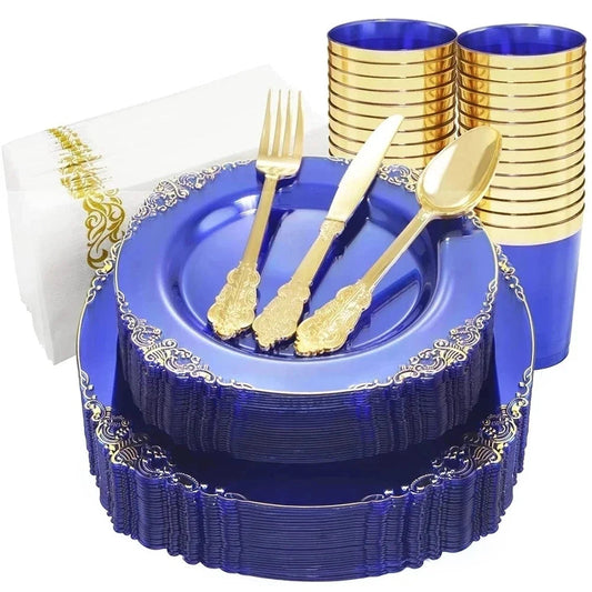 10pcs Disposable Cutlery Clear Blue Plastic Dinner Plate Gold Plastic Silver Cutlery Cup Napkin Set Birthday Decorations Good Vibrations