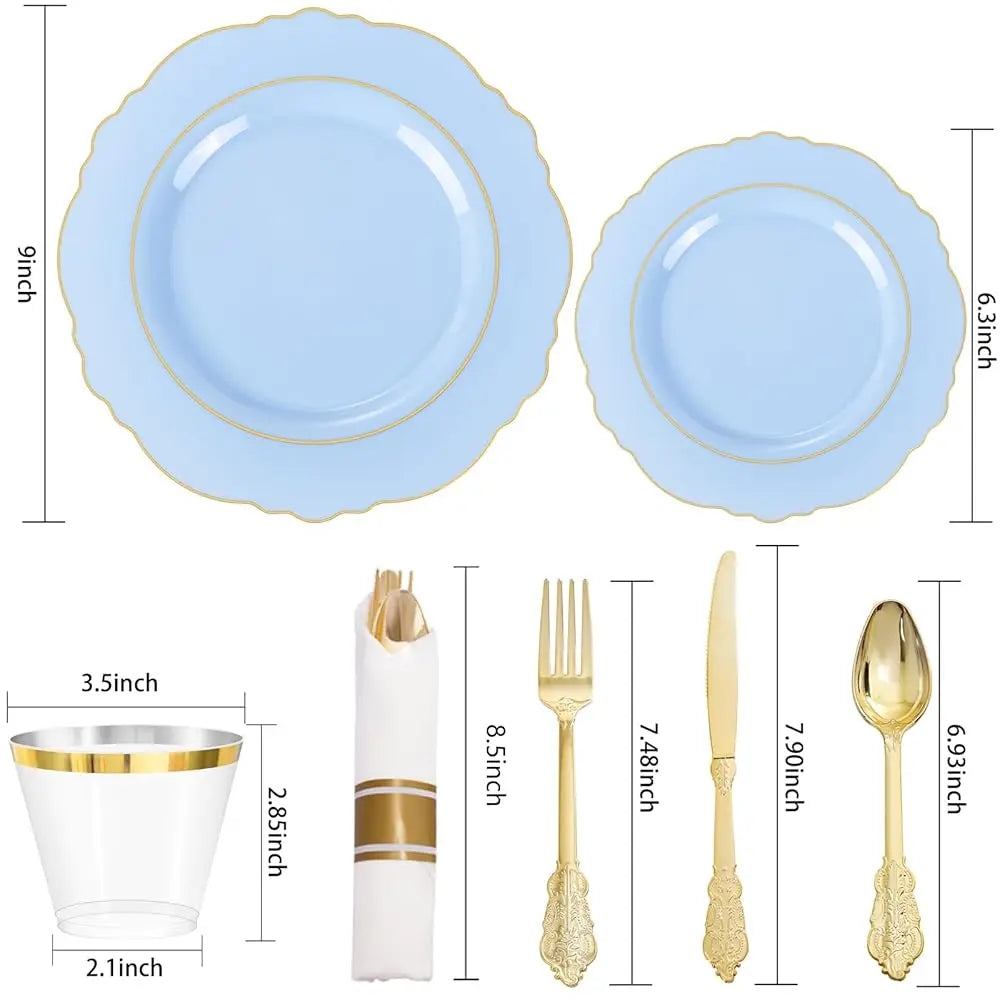 350Pcs Bule Plastic Plates - Disposable Bule And Gold Plates 50Guest Baroque Plastic Dinnerware Lude 100Plates, 50Pa Pre Rolled Good Vibrations