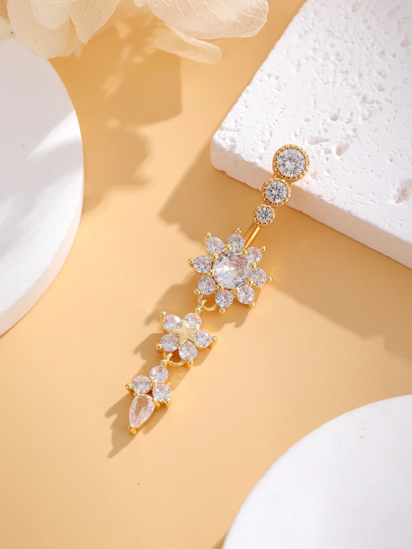 Gold Color Stainless Steel Belly Button Ring Long Dangled Flower CZ Crystal Navel Belly Piercing Rings for Women Sexy Jewelry Good Vibrations Adult Super Store