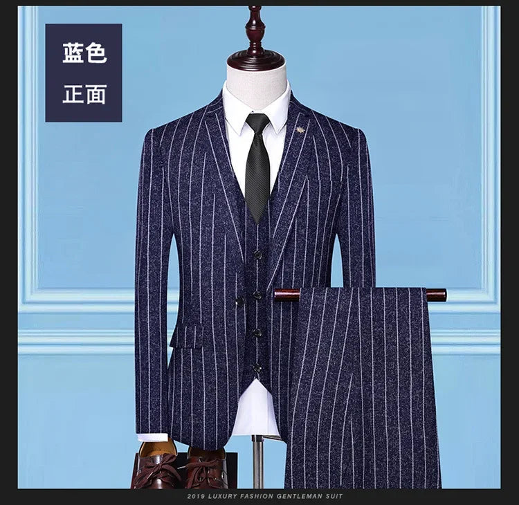 2025 Suit (suit + Vest + Trousers) Single Button Fashion Business Vertical Stripe Gentleman Suit Korean Suit Three-piece Suit Good Vibrations