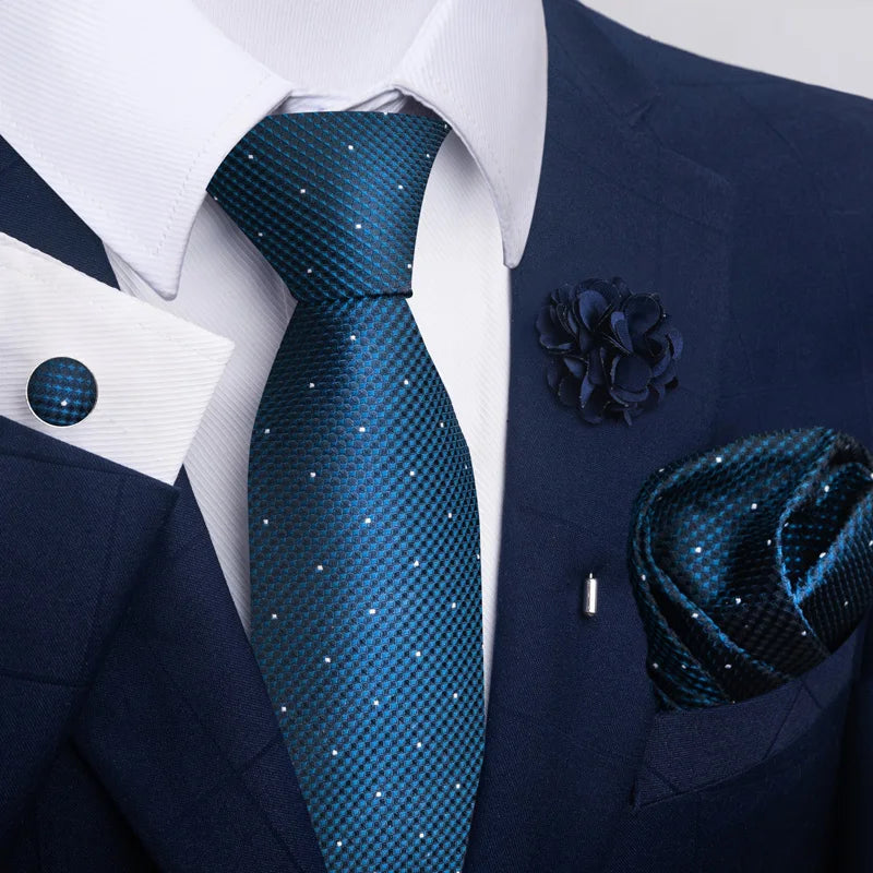 Luxury Mens Ties Floral Black Gold Ties Paisley NeckTie Pocket Square Cufflinks Brooch Set Men's Wedding Party Tie Good Vibrations