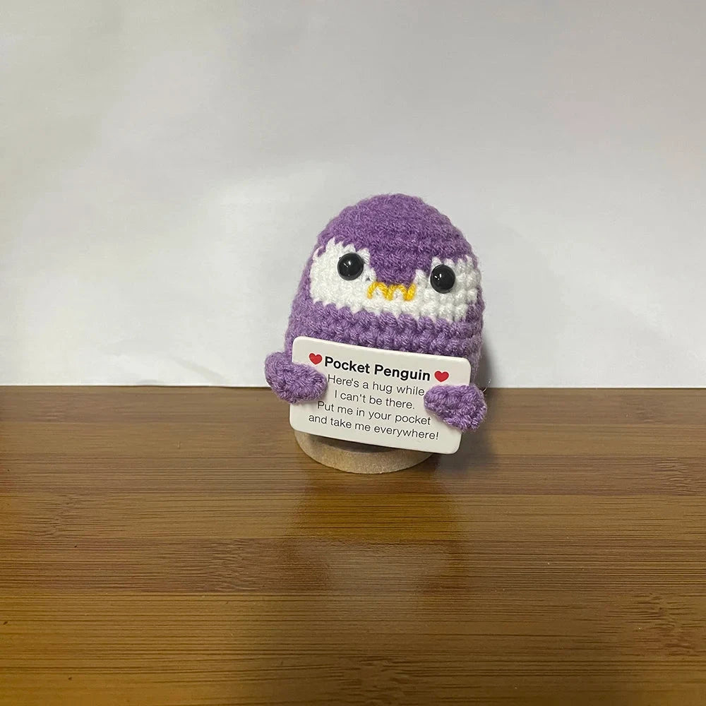Crochet Energy Penguin Hug Pocket Mini Hand-woven Plush Wool Knitting Doll with Card Funny Christams Gift Home Room Decoration Good Vibrations