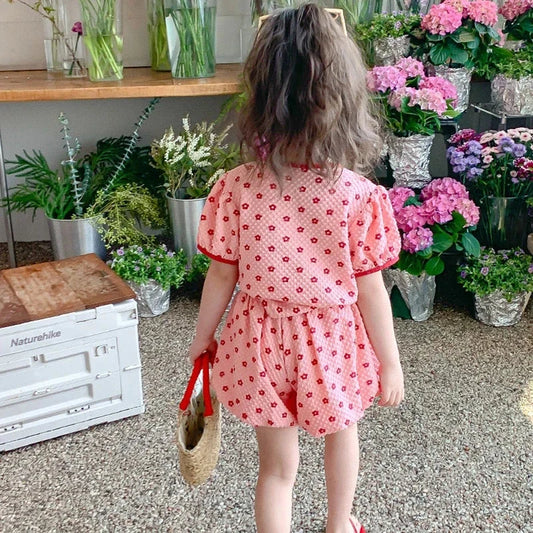 Girls Summer 2025 Children's Clothing Set Pink Cute Clothes Set Bow Blossom Top+ Bud Shorts Two Piece Girls Fashion Kids Outfit Good Vibrations