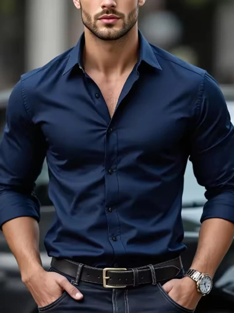 Men's formal shirt, summer long-sleeved, thin, business casual, breathable, no-iron, slimming, solid black color Good Vibrations