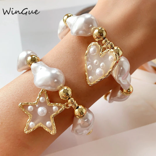 1 Pcs Baroque Imitation Pearl Bead Bracelet Women's Jewelry 18K Gold Plated Elastic Bracelet Good Vibrations