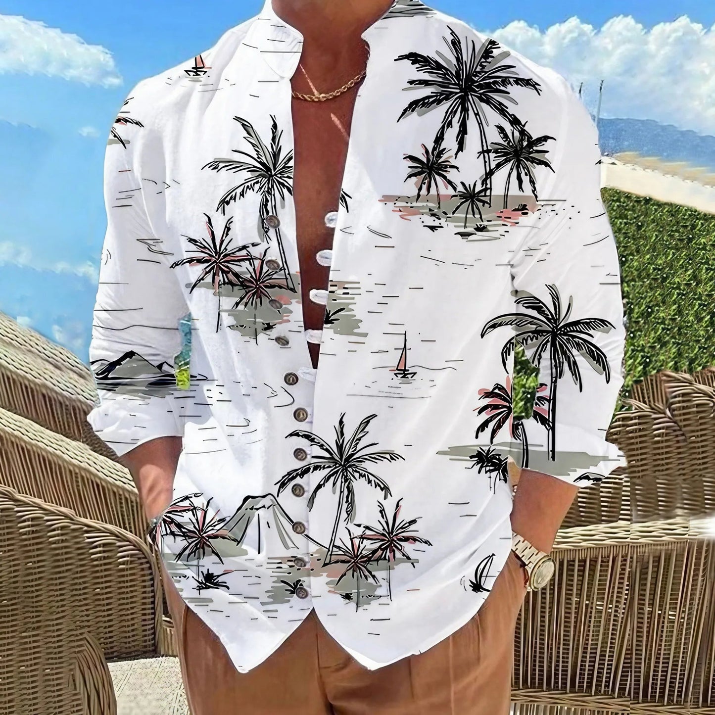 Men Shirts New Print Button Shirt Fashion Stand Collar Loose Fitting Men's Shirts Casual Streetwear Comfortable Good Vibrations