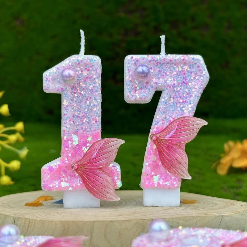 Digital Birthday Candles Party Decoration Birthday Pink Candles Sparkling Pink Beauty Fish Tail Wedding Boys Girls Gifts Number Good Vibrations