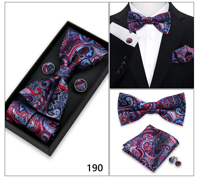 Bowtie For Men Set Gift Box Business Gift Fashion Bow Tie Pocket Square Cufflinks Set Bowtie 3pcs For Wedding Hanky Cravata Neck Good Vibrations