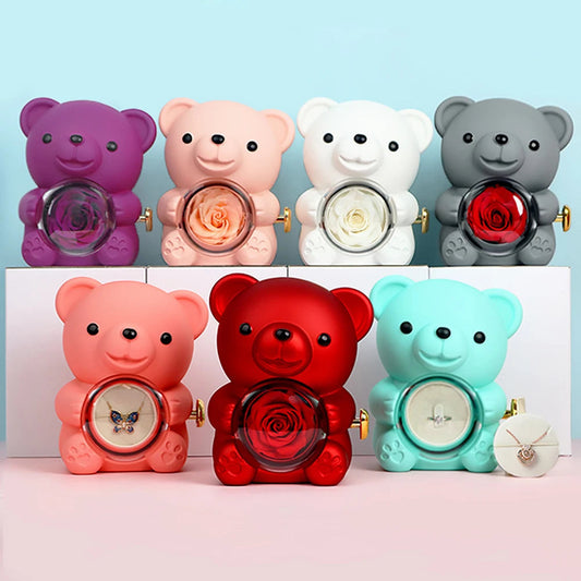 Rotating Hugging Bear Rose Jewelry Box Eternal Flower Gift Box Mother's Day Valentine's Day Christmas Gift (without necklace) Good Vibrations