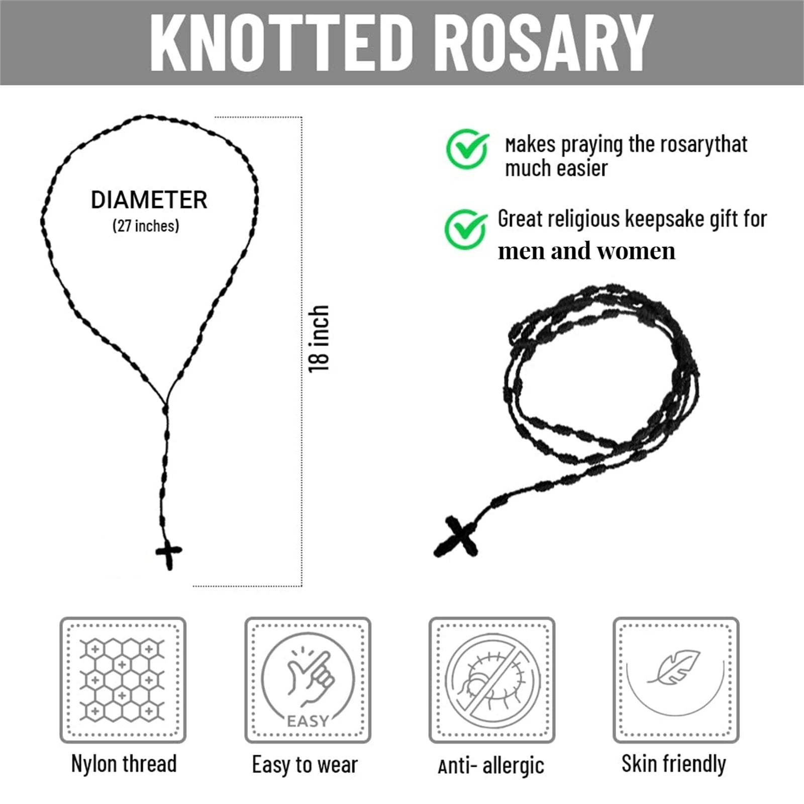 1Pc Handmade Knotted rosary with Cross Charm - Red rope rosary- necklace cord, Black thread rosary, Blue Handmade Rosary, Lightw Good Vibrations