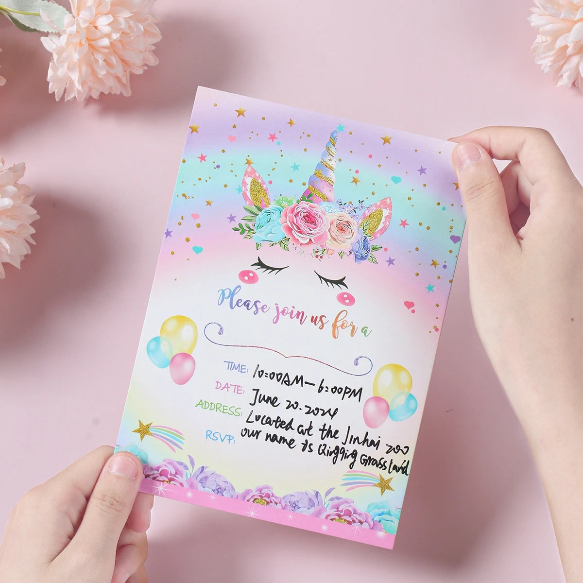 12pcs Invitation Card Unicorn Rainbow Balloon Envelope Card Girl Unicorn Theme Party Invitation Happy Birthday Party Decoration Good Vibrations