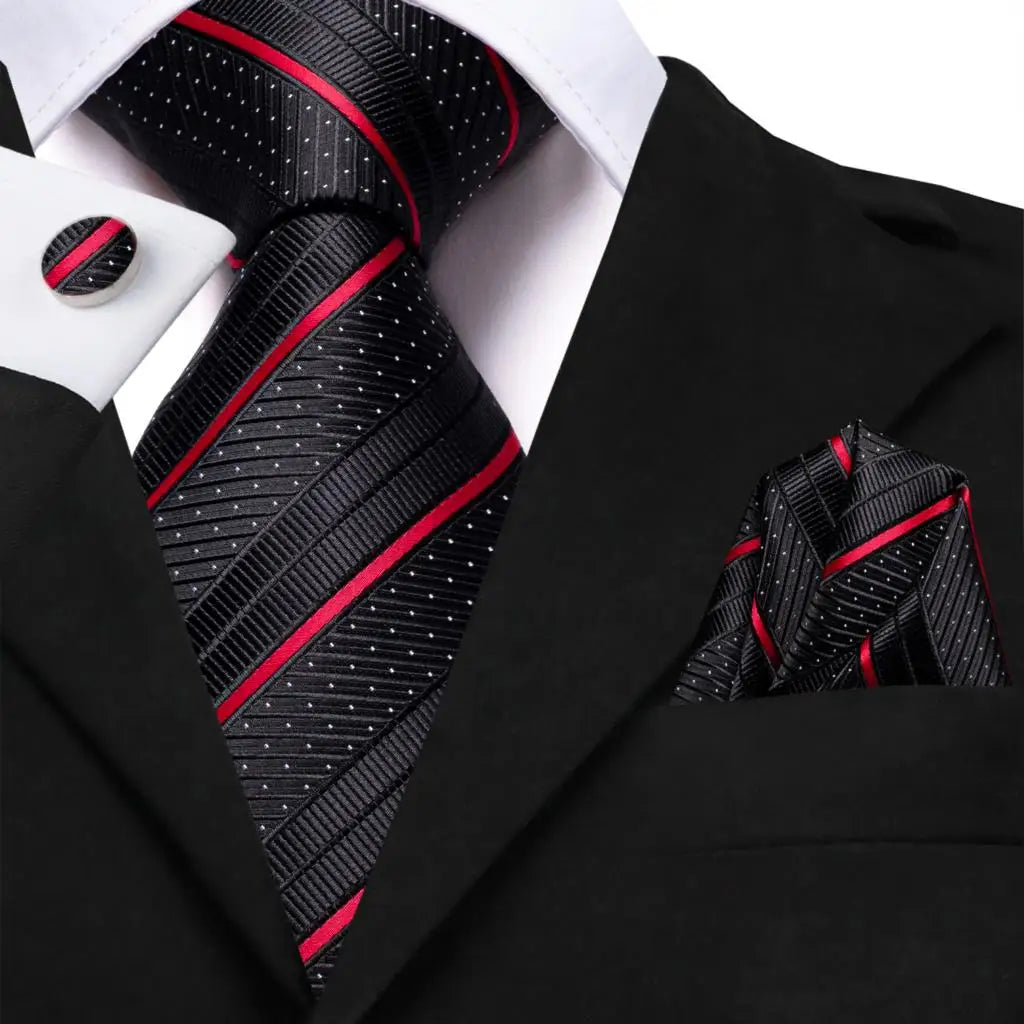 Black Red Striped Silk Wedding Tie For Men Handky Cufflink Gift Men Necktie Fashion Business Party Dropshiping Hi-Tie Designer Good Vibrations