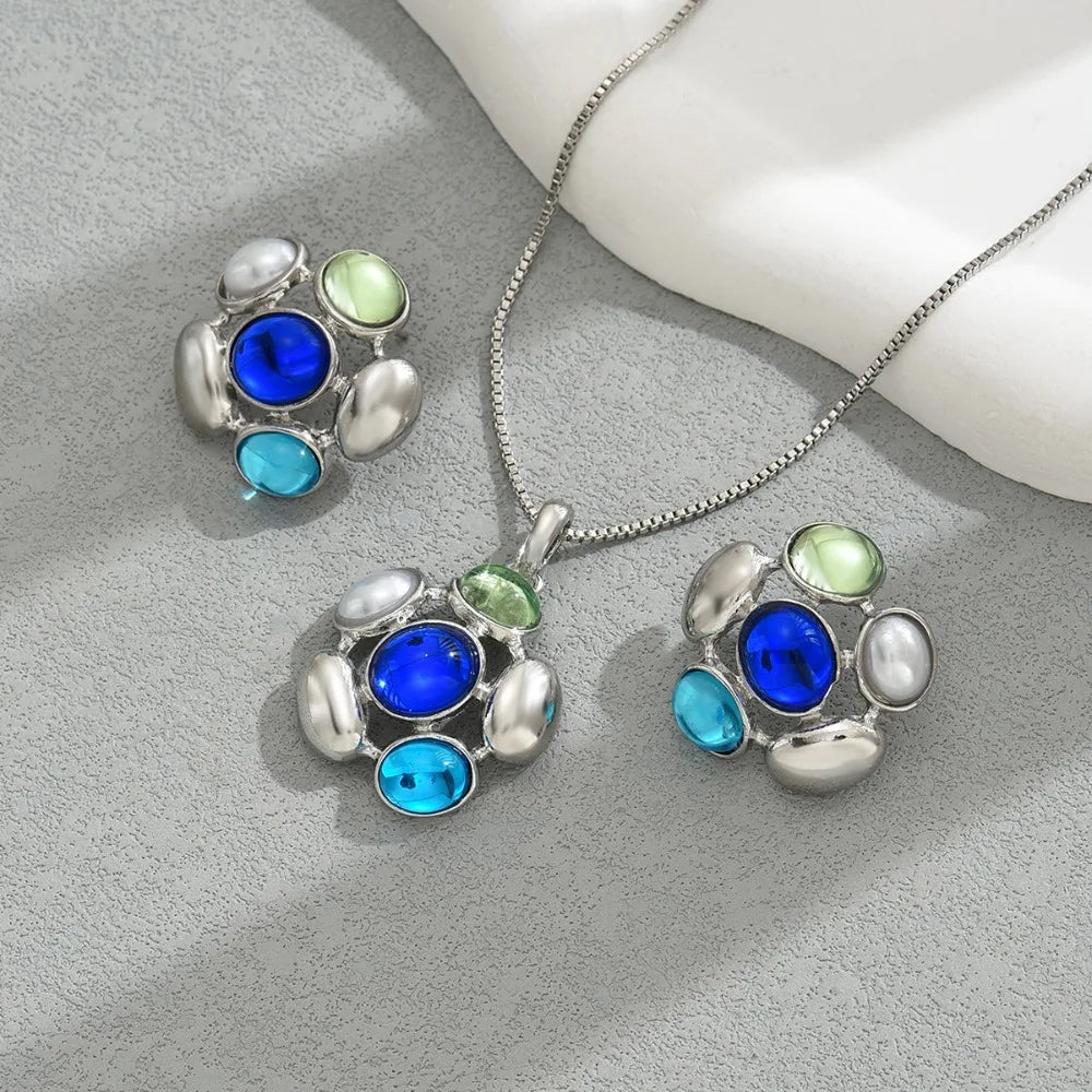 Chic Luxury Crystal Earrings Pearl Charm Rhinestone Necklace Geometric Vintage Women Jewelry Set Girls Good Vibrations
