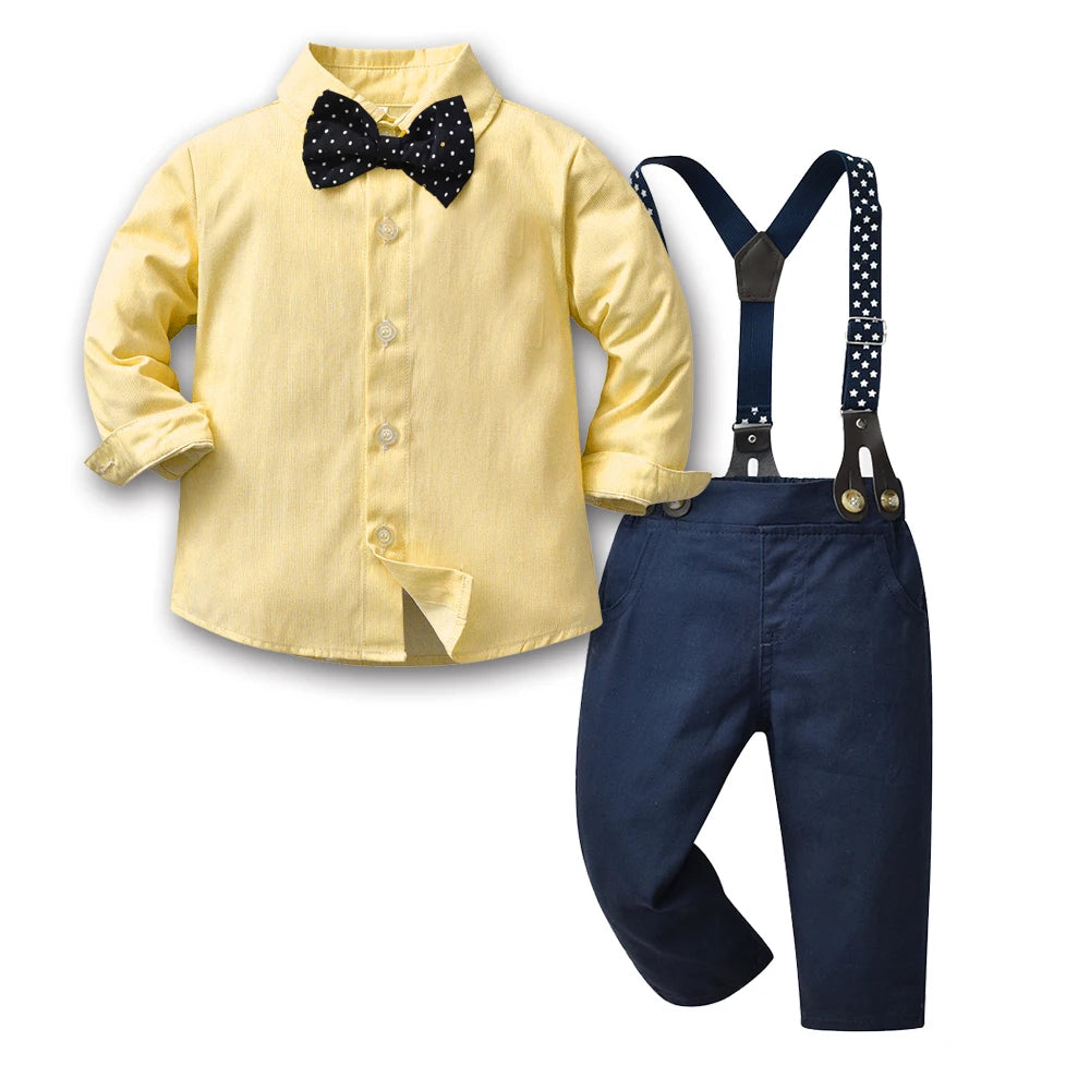 Top and Top Boys Clothing Sets Springs Autumn New Kids Boys Long Sleeve Plaid Bowtie Tops+Suspender Pants Casual Clothes Outfit Good Vibrations