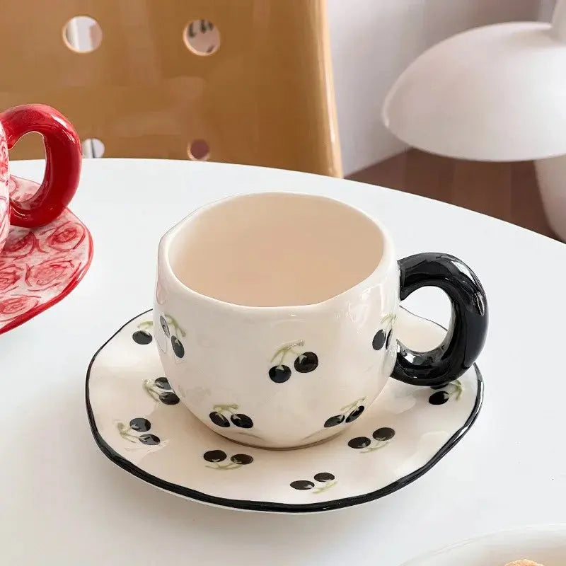 340ML Hand-painted Flower Love heart Ceramic Coffee Cup with Saucer Home Office Water Cup Breakfast Milk Juice Teacup Gift Set Good Vibrations