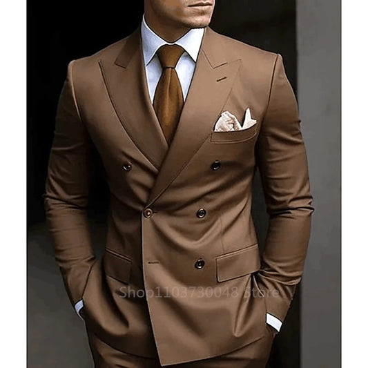 Formal Men 2 Piece Brown Wedding Suits Groom Tuxedo Slim Fit Peak Lapel Blazer Pants Business Suits Costume Homme For Party Prom Good Vibrations
