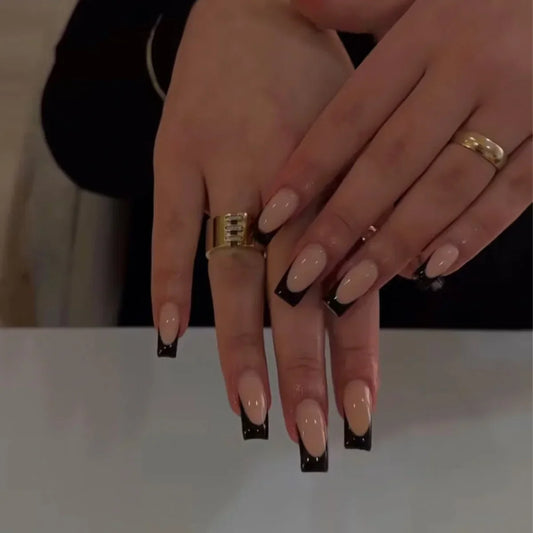 24Pcs Long Coffin French False Nails with Glue Bow Diamond Stick on Press on Acrylic Nails Black Ballerina Nail Art Manicure Tip Good Vibrations