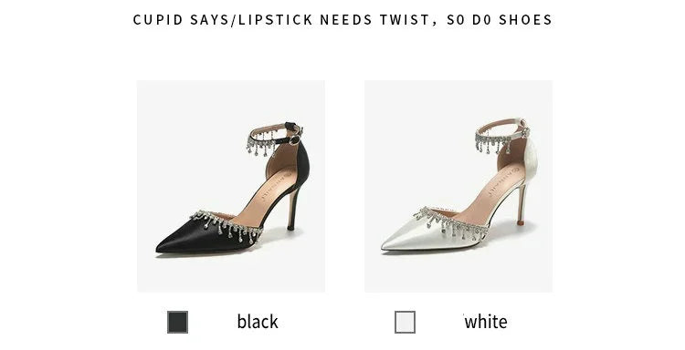 Comemore 2025 White Wedding Bridesmaid Shoes Satin Fashion Rhinestone Fringe Chain High Heels Black Temperament Elegance Pumps Good Vibrations