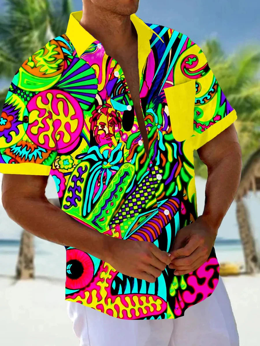 Men's Short Sleeve Shirt Art Painting Abstract Cartoon Print Summer Button Shirt Camping Shirt Short Sleeve Men's Casual Shirt Good Vibrations
