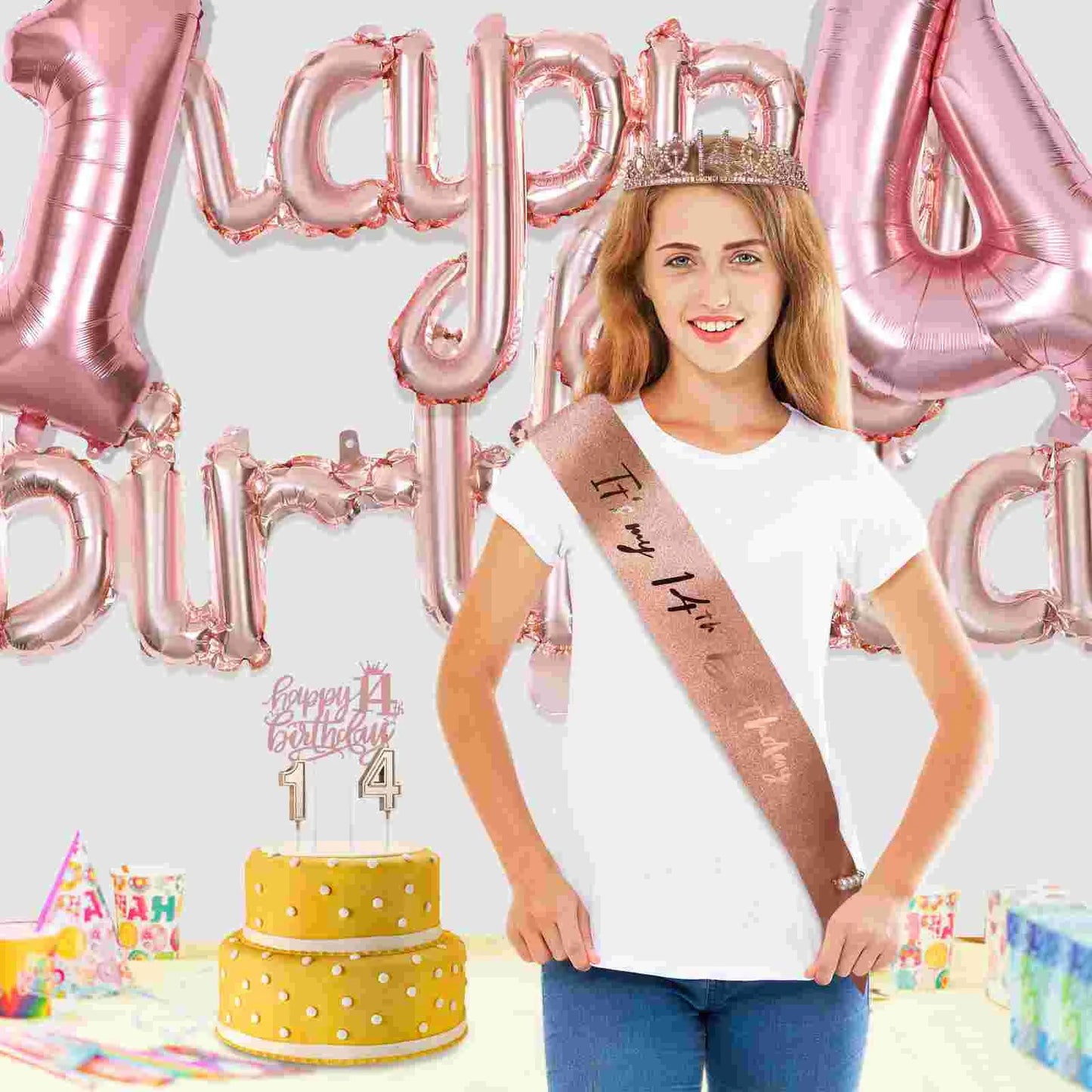 14 Year Old Girl Birthday Decorations Party Supplies Celebration Festive Holiday Nament Crown Sash Pearl Pin Balloon Garland Good Vibrations