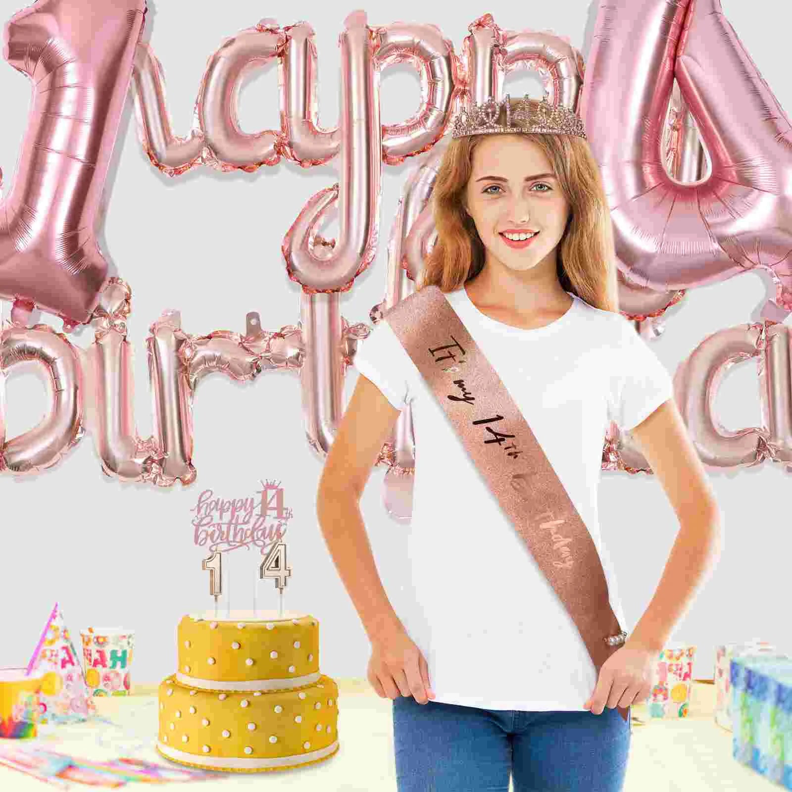 14 Year Old Girl Birthday Decorations Party Supplies Celebration Festive Holiday Nament Crown Sash Pearl Pin Balloon Garland Good Vibrations