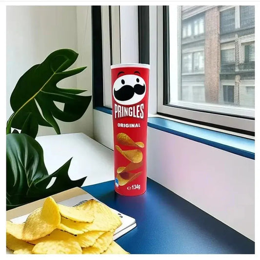 Tortilla flavoured corn chips diversion safe stash box next to Pringles can on windowsill.