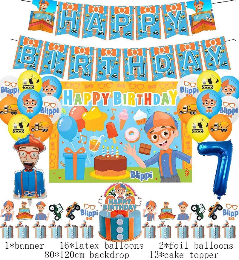 New Blippiing Birthday Party Decoration Foil Balloon Backdrop Banner Cake Topper Baby Birthday Party Supplies Good Vibrations