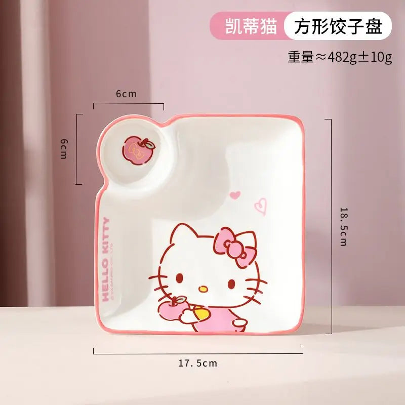 Cute Cartoon Sanrioed My Melody Hellokitty Cinnamoroll Ceramic Dumpling Plate with Vinegar Dish for Children's Breakfast At Home Good Vibrations
